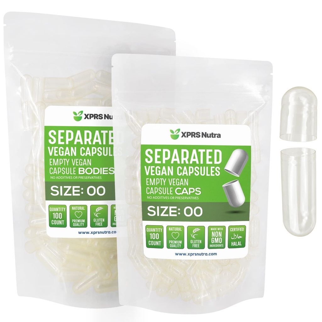 XPRS Nutra Vegan Rozmiar 00 Kapsułki oddzielone - 100 Licz jasne Premium Puste kapsułki oddzielone w workach - 00 Pigułki Puste do napełniania suplementu DIY