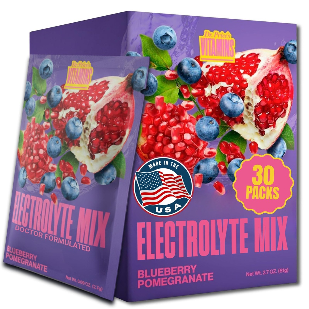 Witaminy Dr. Price 's Electrolyte Mix Supplement Powder, 72 Tracle Minerals, Potas, Sód, Zamiana elektrolitów Keto Drink 124; Blueberry- Granat 30 Pakiety Y124; No Sugar, Keto, Wegan, Non-GMO