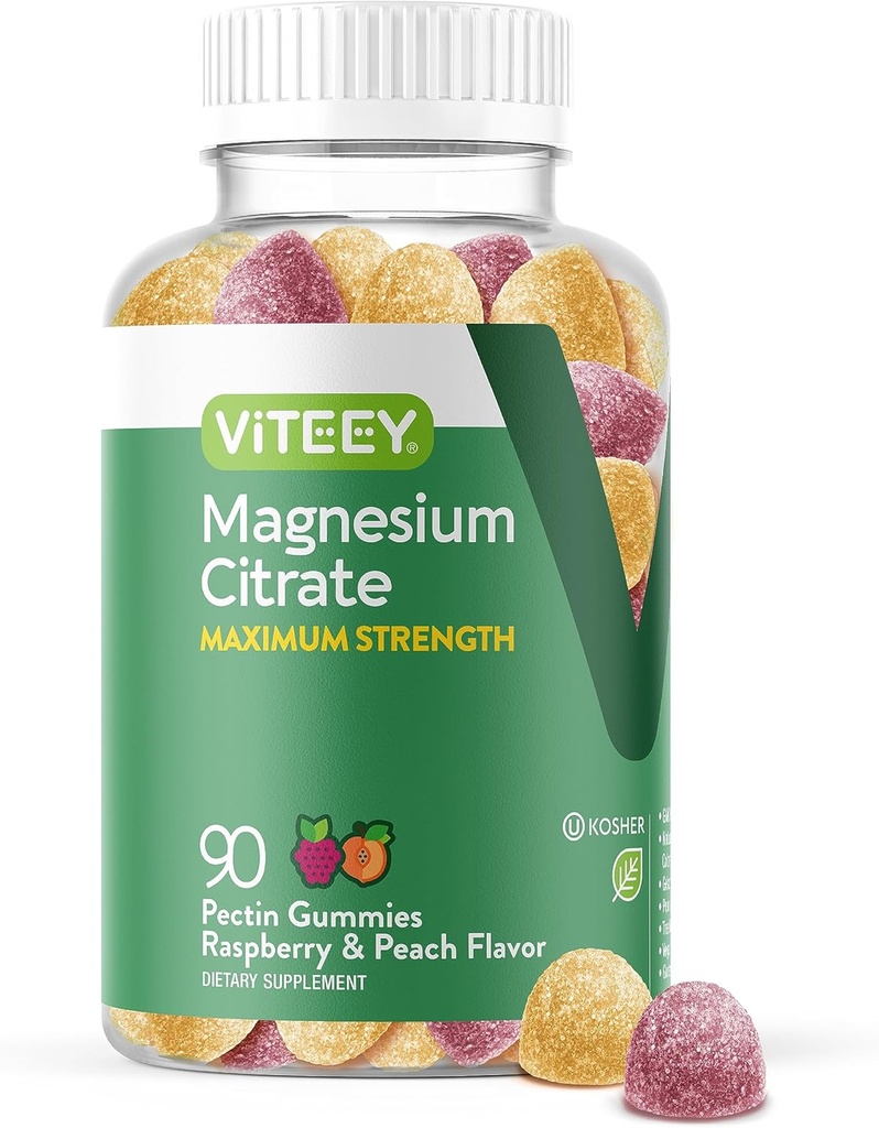 Gummy magnezowe VITEEY dla dorosłych - 255 mg Gummy z cytryną magnezową na uspokojenie, sen, Nerwy i mięśnie - Wegan, Gluten Free - 90 Count