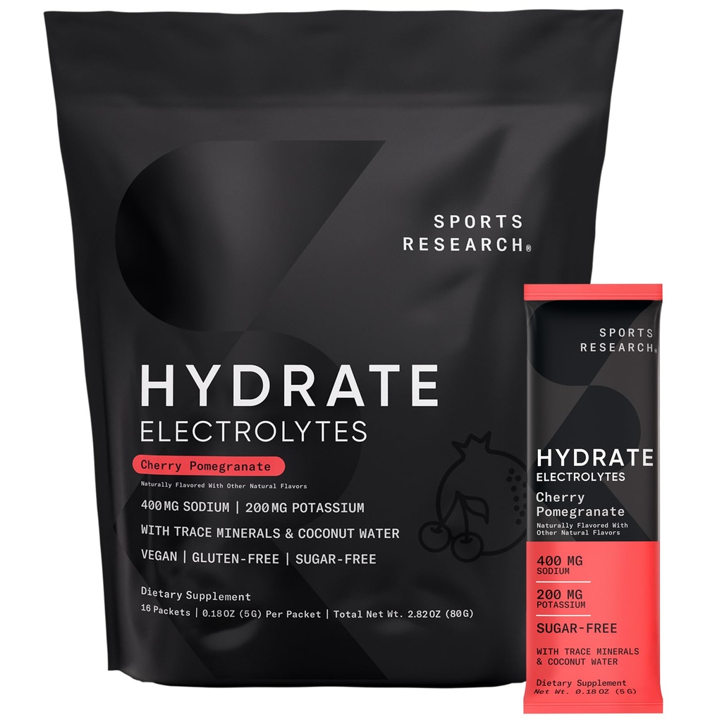 Zakłady sportowe Hydrate Electrolytes Pakiety proszkowe - Bezcukrowe & Naturalny aromat z witamin, minerałów i wody kokosowej - Wspiera nawadnianie - 16 Pakiety - Pomegranat wiśniowy