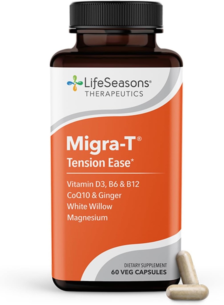 LifeSeasons Migra- T z Relieve- R PM - Migrena Prevention & Relief Supplement - Wspomaga ciężkie bóle głowy - Redukuje lekki dźwięk i czułość zapachu - Feverfew, Biała Willow, Magnezu Ginger & CoQ10