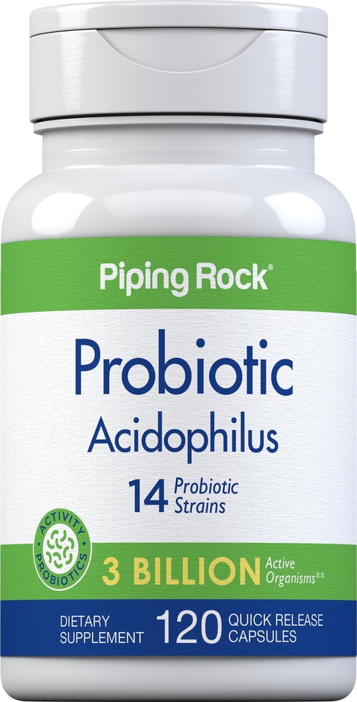 Piping Rock Probiotic Acidophilus Kapsułki dla kobiet i mężczyzn 124; 3 Miliard żywych kultur 124; 120 tabletek 124; 14 Suplement szczepów DEV124; Non- GMO, Gluten Free