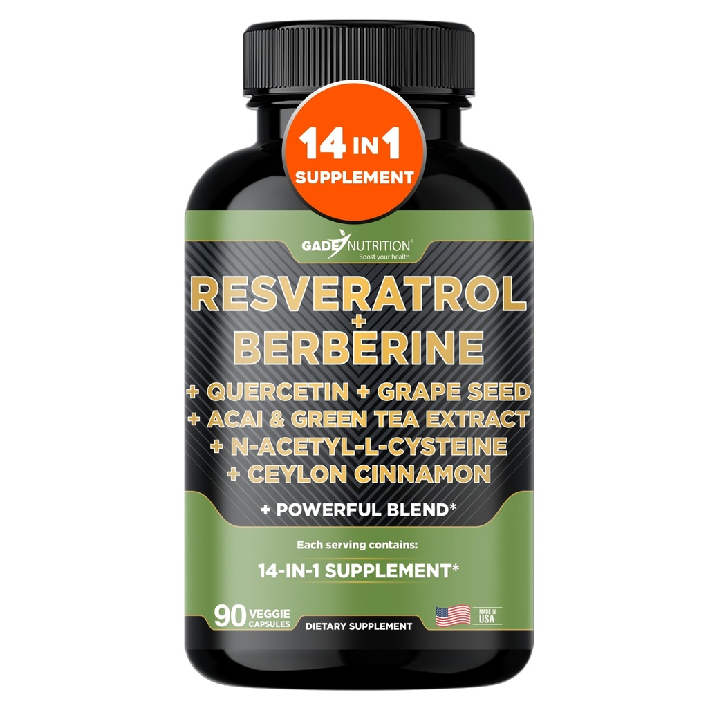 Gade Nutrition Resveratrol Berberine Quercetin Grape Extract Green Tea Extract N- Acetyl Cysteine - 14 in 1 Complex Supplement for Women & Men with Pothent Antioksydants - Made in USA