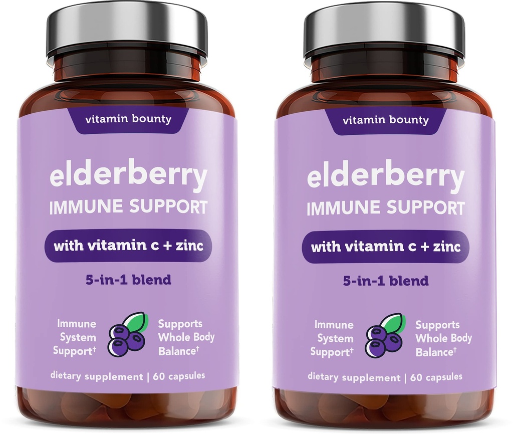 Witamina Bounty Elderberry Immune Support - z cynku, Witamina C & Echinacea, Advanced 5- in-1 Mieszanka, Potężny przeciwutleniacz, Wzdłuż równowagi całego ciała, Non-GMO - 60 Kapsułki, 2 Pack
