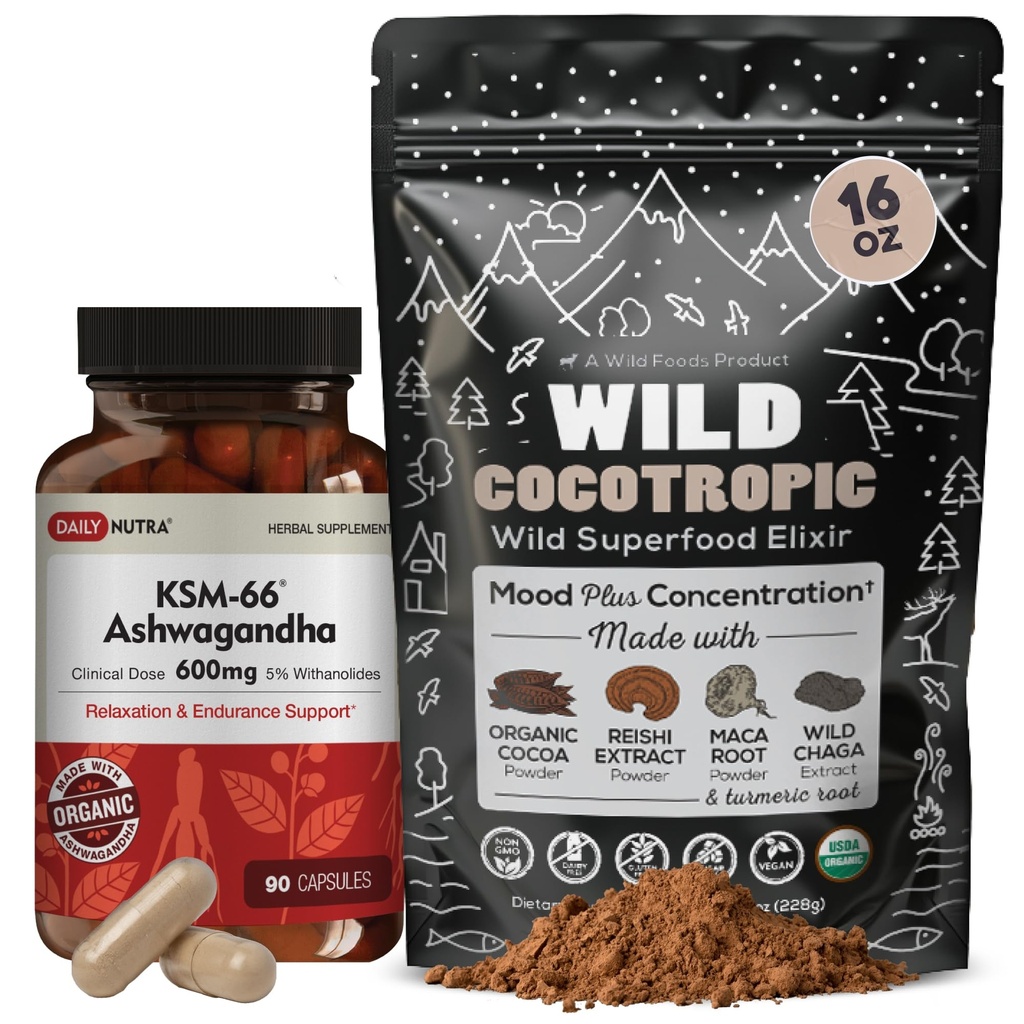 DailyNutra KSM 66 Ashwagandha (90 Kapsułek) i Mushroom Cacao Mix (16oz) Bundle for Relaxation and Focus