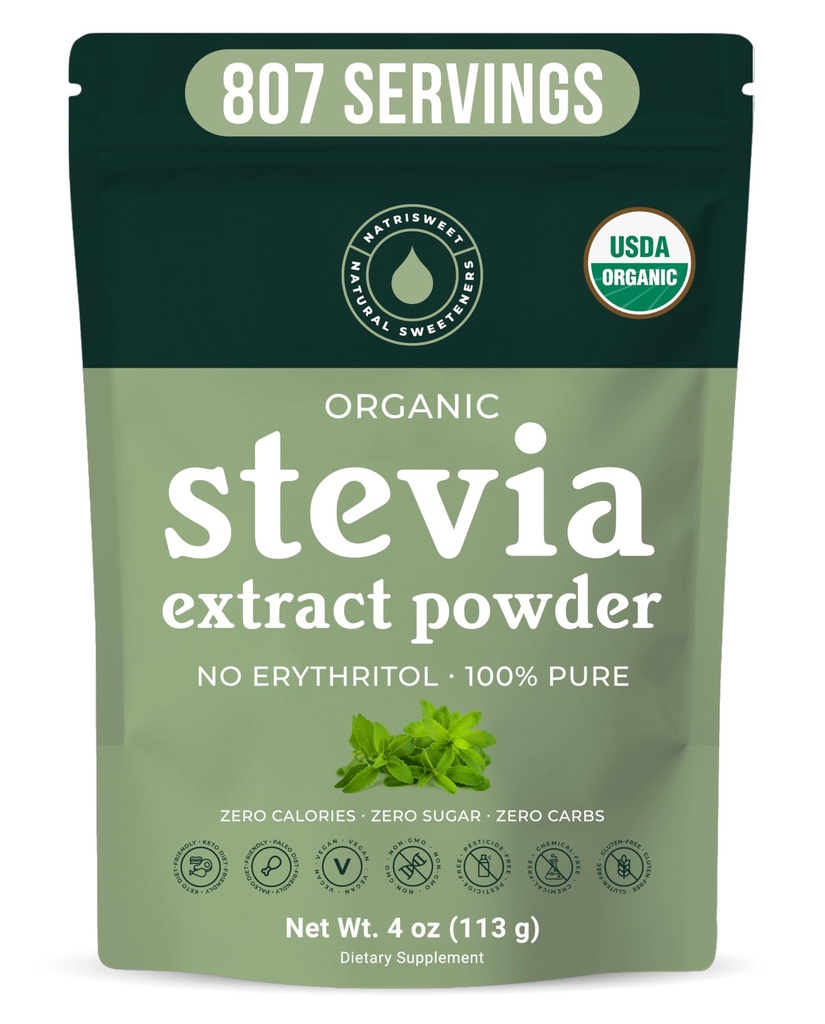 Organiczny 100% Czysty stewia proszek, 4 oz, Zadowola słodkie pragnienia, Lowers Blood Sugar Levels for Diabetics, Luzem pudrowane Stewia Wyciąg Sweetener dla lepszego pieczenia i napojów, 800 + Sługi przez NatriSweet
