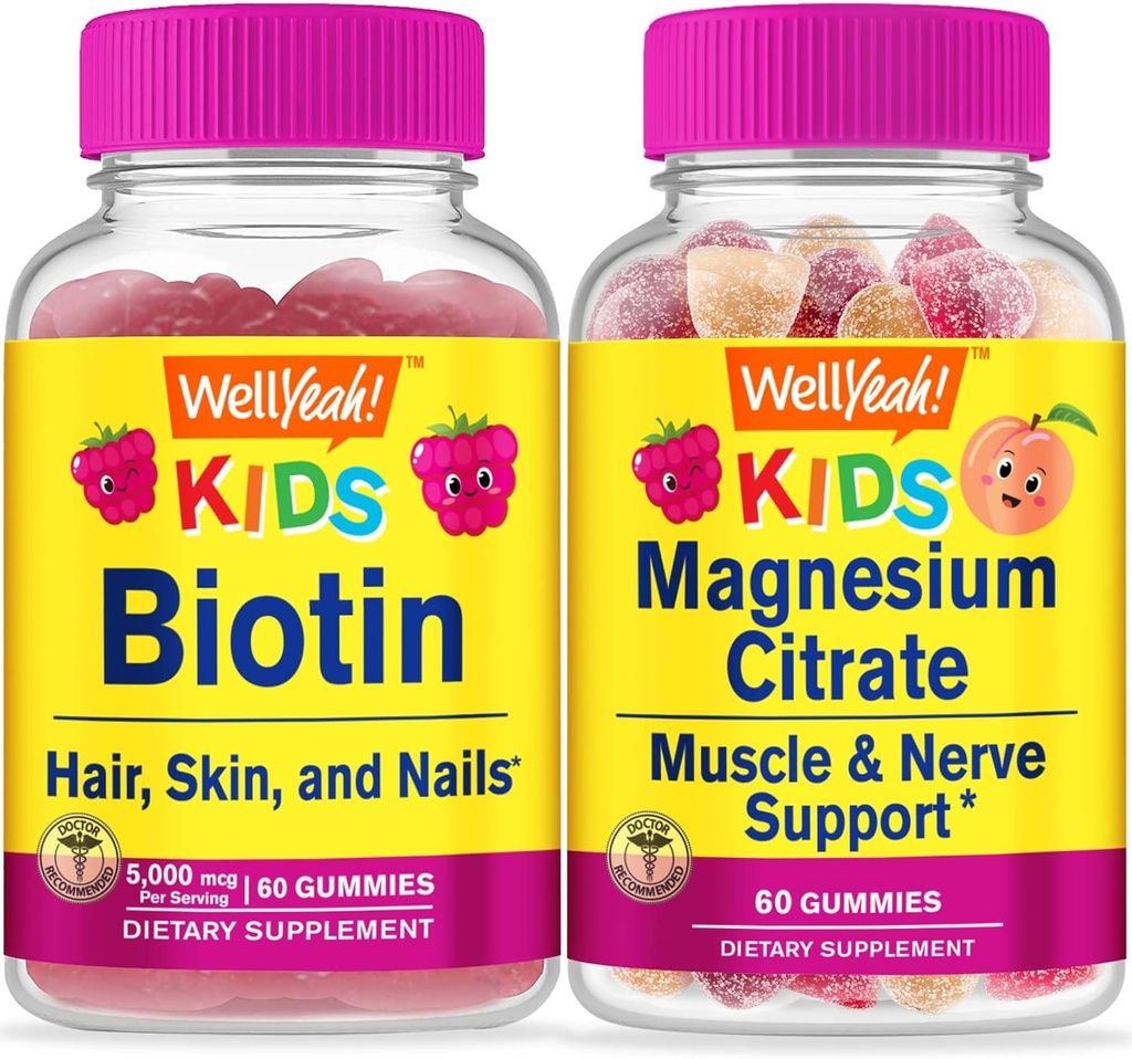 WellYeah Biotin Kids + Magnezu Citrate Kids, Gummies Bundle - Great Desting, Suplement witaminy, Gluten Free, GMO Free, Gummy do żucia