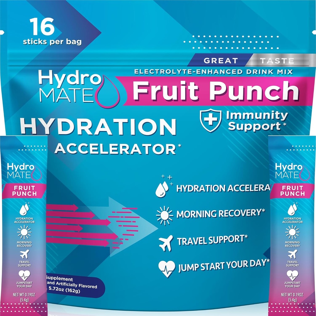 HydroMATE Electrolyte Proszek Owoce Punch Nawodnienie Pakiety Niski cukier 16 Liczba