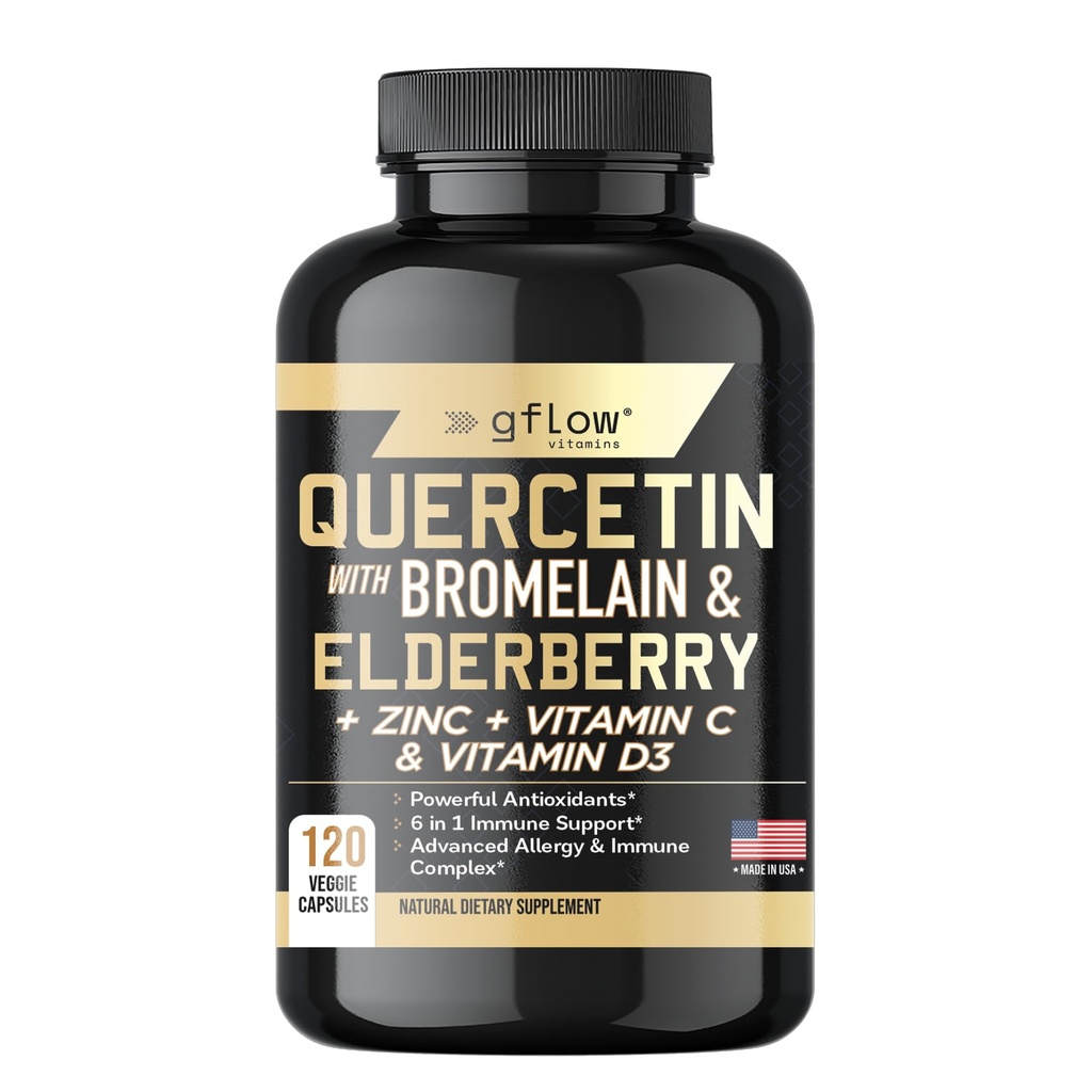 Quercetin z Bromelain Cynk Witamina C Witamina D Elderberry - 120 Kapsułki wegetariańskie, Non-GMO, Gluten- Free Gluten124; Suplement immunologiczny 124; Wyprodukowany w USA 124; 2 Dostawa miesięcy