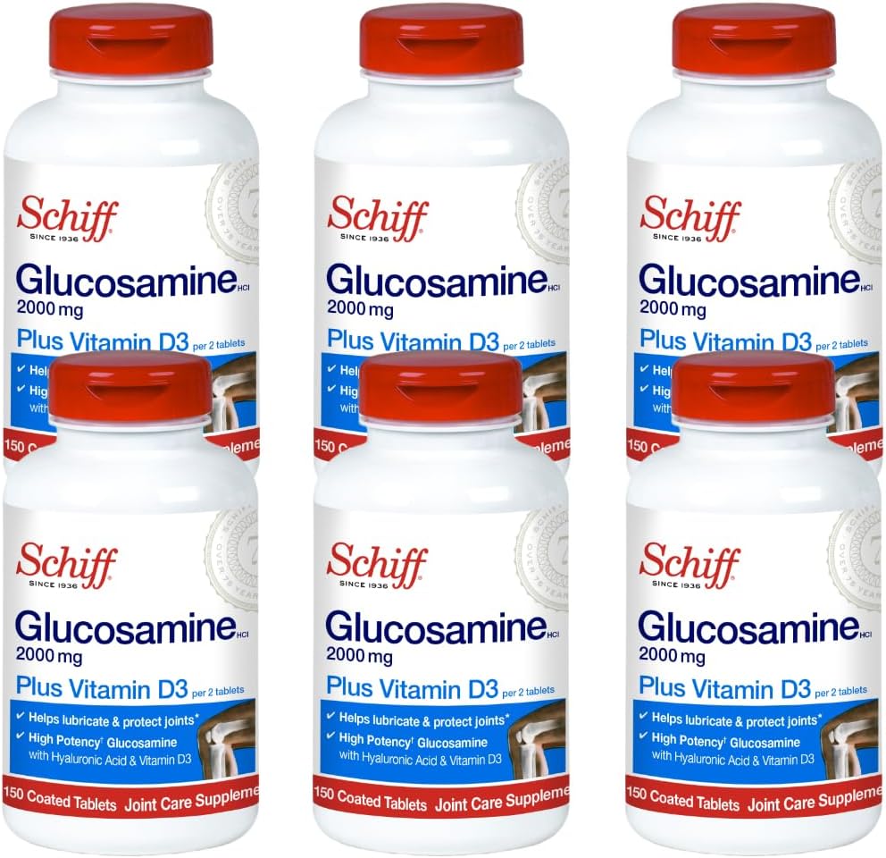 Schiff Glukozamina 2000mg z witaminą D3 i kwasem hialuronowym, 150 tabletek - suplement wspólny (opakowanie zawierające 6 tabletek)