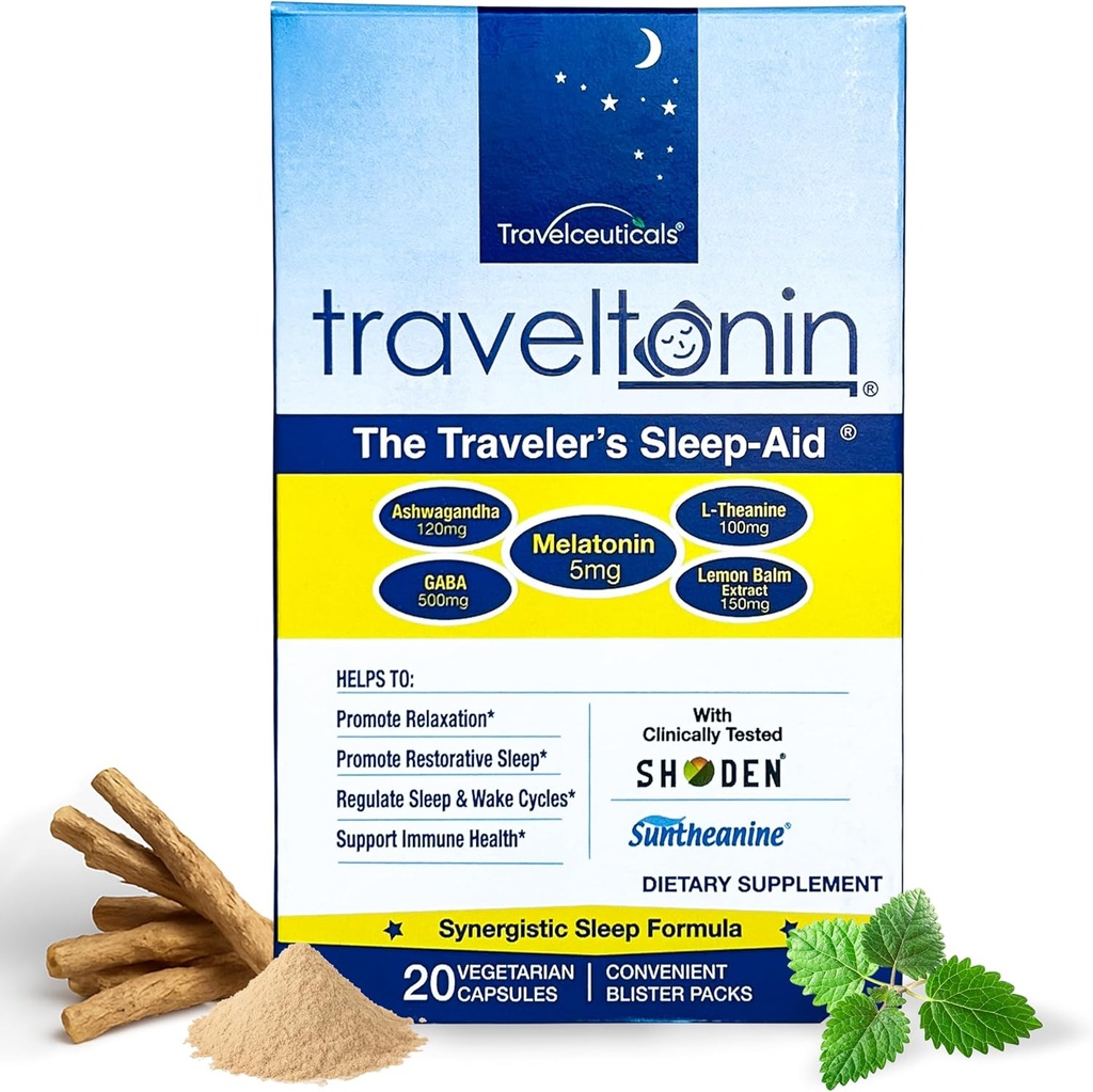 Travel Sleep Assistance 124; Get Jet Lag Relief, Resorative Sleep, Immorative Support Assistance 124; Flight, Hotel Essential Assistance 124; 5-in-1 Formuła w / Melatonina, Ashwagandha, L- Theanine, GABA, Lemon Balm Assistance 124; 20 Kapsułki Assistance 124; Blister Packs