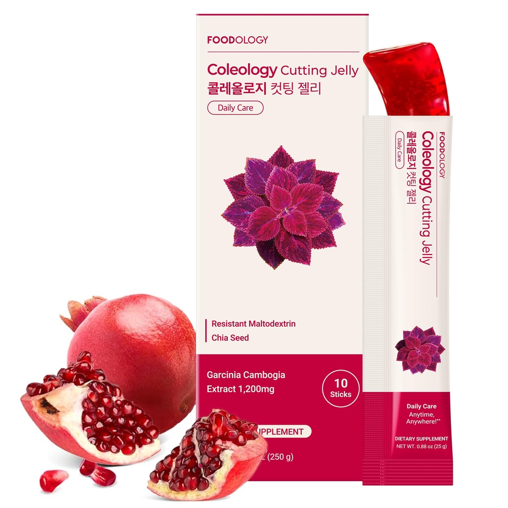 FOODOLOGY Coleology Cutting Stick Jelly (Pomegranat) - Dietetyczny Fiber Supplement for Healthy Weight Management, Chia Seeds & Garcinia Cambogia, koreańskie piękno z Collagen - 10 Sticks