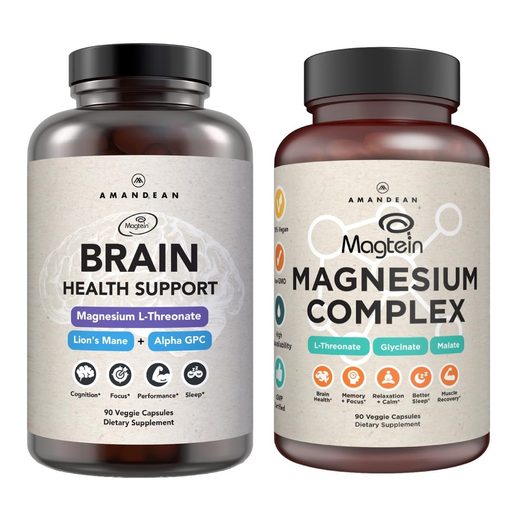 AMANDEAN Premium Brain & Magnez Bundle: Wysokoabsorpcyjny Magnezu L- Threonian, Glicynian & Malate, USA- Grown Organic Lion 's Mane 6: 1 Extract i Alpha- GPC. Wspiera poznawcze zdrowie, skupienie i sen