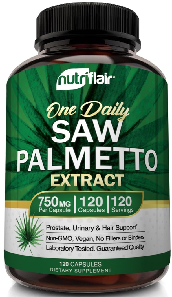Nutric Flair Saw Palmetto Extract 750mg, 120 kapsułki - Natural Prostate Supplement & Berry Health Support - Pomaga Block DHT zapobiec wypadaniu włosów i pomaga zmniejszyć częste oddawanie moczu, dla kobiet i mężczyzn