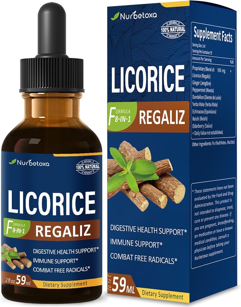 Licorice Root Extract Drops for Digestive Health, Natural Herbal Bloating Relief i immunologiczne wsparcie płynne Suplement nalewka z Dandelion, Peppermint, Ginger. extrato de Regaliz. 2oz