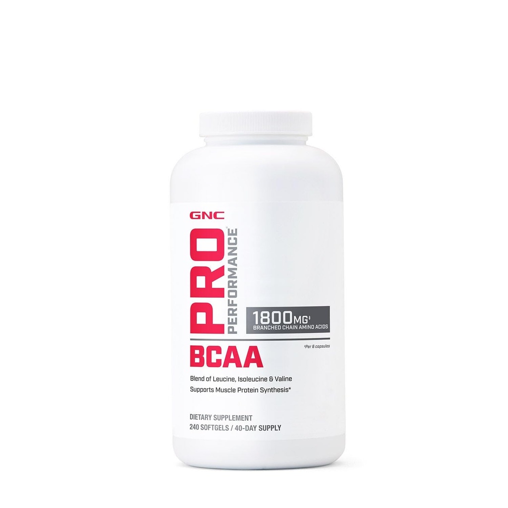 GNC Pro Performance BCAA 1.8g, III Party Tested Supplement for Men & Women, Branched Chain Amino Acids, Essential Amino Acids Supports Muscle Protein Syntesis, 240 Softgels, 40 SVG