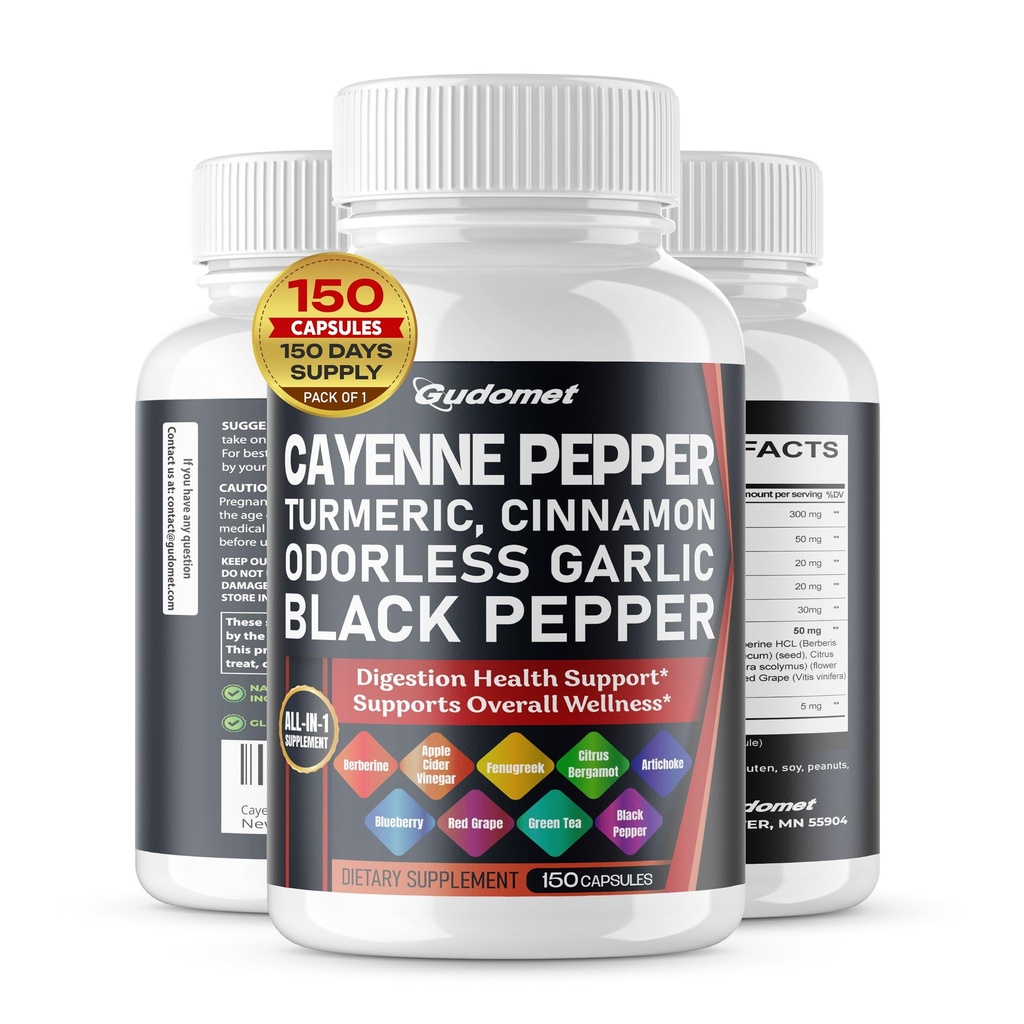 Cayenne Pepper Turmeric bezogonowy Czosnek Cynamon Fenugreek Citrus Bergamot Karczoch Blueberry Zielona herbata Pieprz czarny -150 Capsules - Made in USA