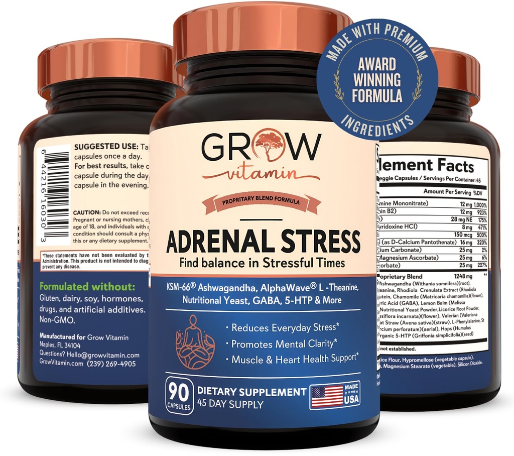 Grow witaminy adrenergiczny formuła zaawansowana, Organic KSM- 66 Ashwagandha z AlphaWave L- Theanine, 5- HTP, Mieszanka magnezu - codzienny stres ulgi, Mood Support, Cognitive, Zdrowie mózgu, 90 Kapsułki