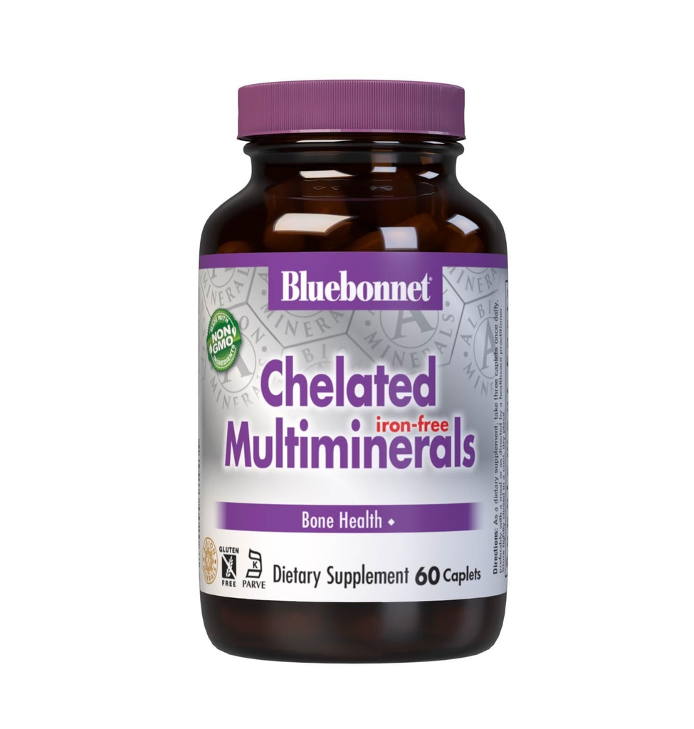 Bluebonnet Nutrition High Potency Chelated Multiminerales (Iron- Free), Albion Chelated Minerals, Soy- Free, Gluten- Free, Non-GMO, Kosher Certified, Dairy-Free, 60 Capplets, 20 Servings