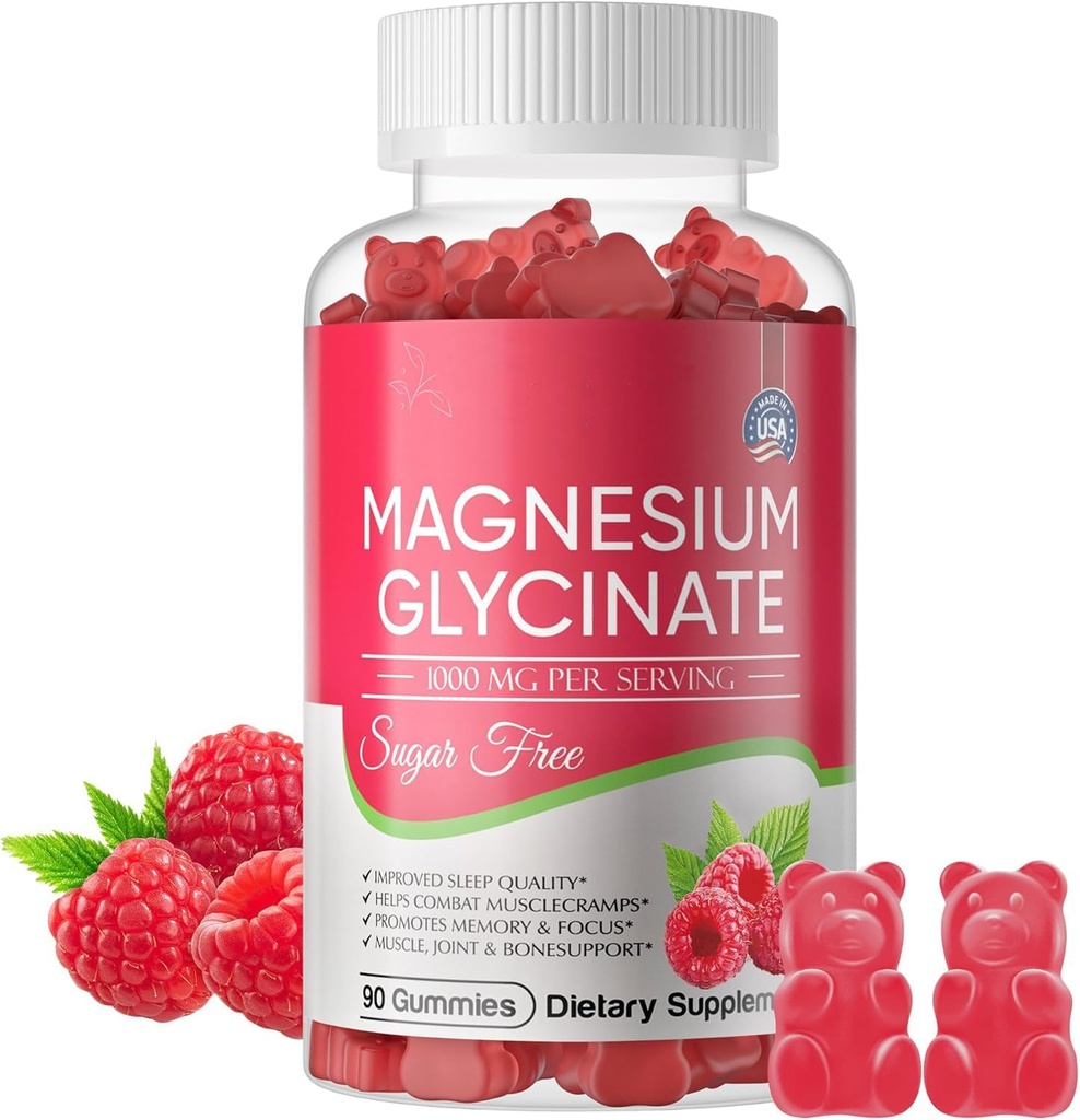 Glucynian magnezu Gummies 700mg, Glucynian magnezu wolny od cukru, Glucynian magnezu Kompleks potasu Suplement z potasu, Witamind, B6 dla spokojnego wsparcia i snu dla dorosłych - 60 Malina Gummies
