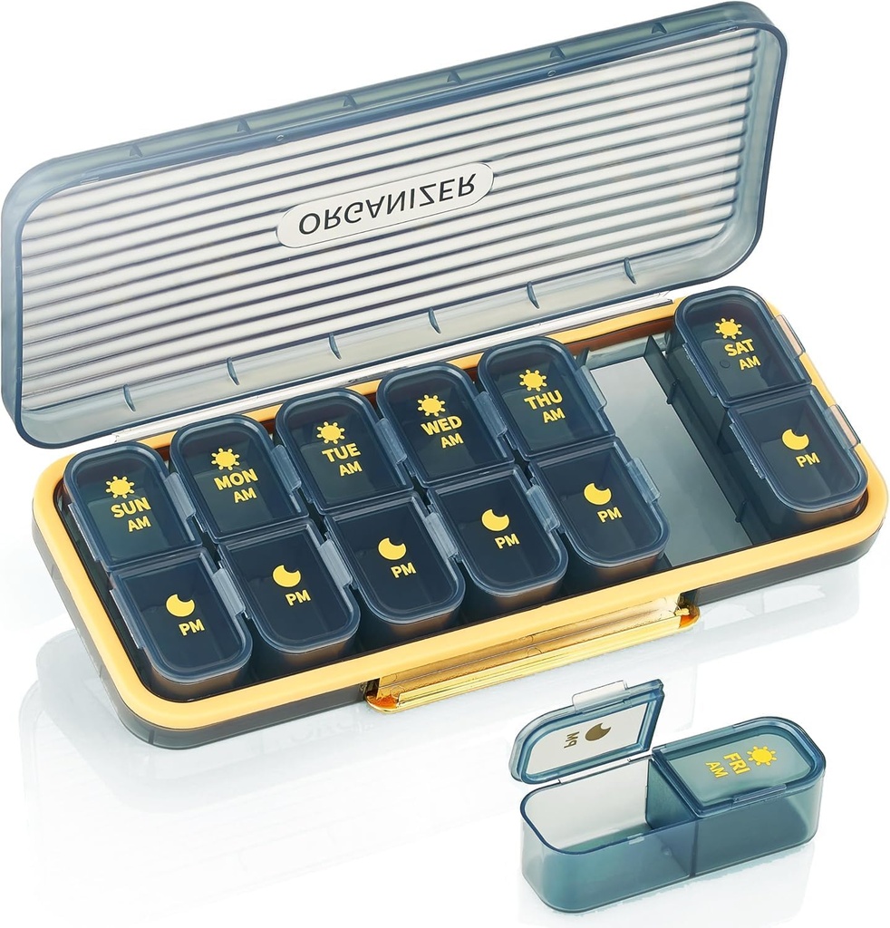 Cotygodniowy Pill Organizator 2 razy dziennie - Pil Case Am Pm - Pigułka podróży Box 7 dzień Przenośny Codzienne pojemnik witaminy Estetyczny Dyspensor Medycyny z 7 oddzielnych kompozycji Rano Suplement nocy