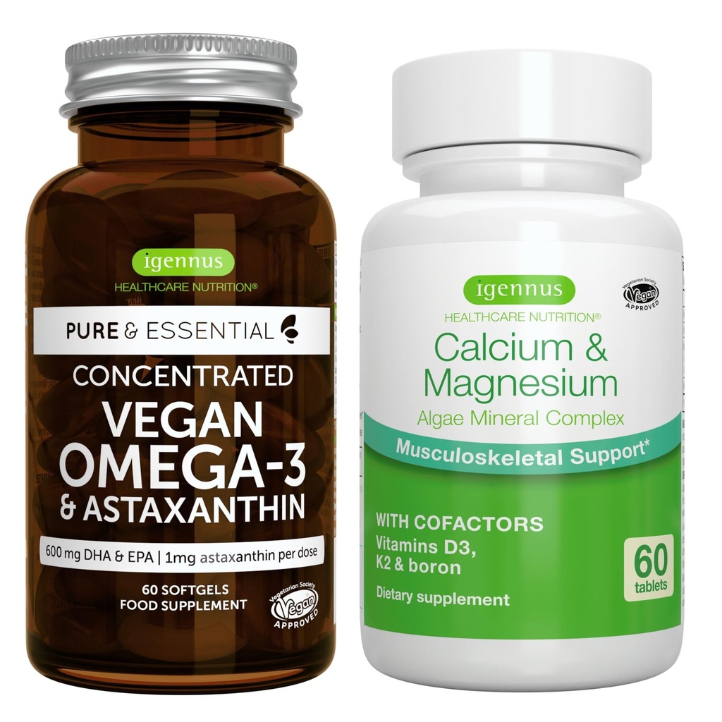 Vegan Omega-3 + Wapń i Magnez Complex Vegan Bundle, Zrównoważona EPA & DHA Algae Oil 1340mg + 2: 1 Plant Based Algae Mineral Complex, przez Igennus