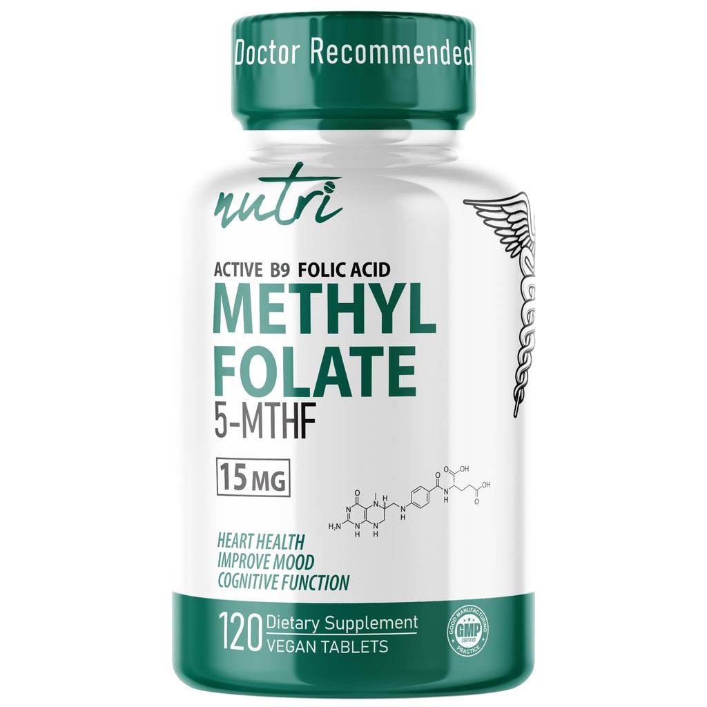 Nutri 5- MTHF L Metylfolan 15MG - 4 Miesiące Dostawy, 120 Tabletki Wegańskie - Metylowany suplement foliowy - Funkcja kognitywna, Heart Health, Wsparcie prenatalne - Trzecia strona Tested - NSF Certified Facility