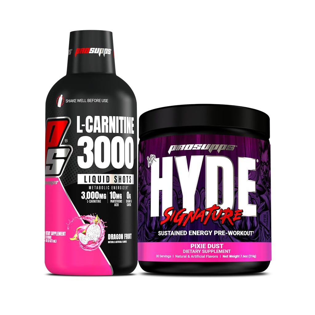 PROSUPPS L- Carnitine 3000 Stymulant Free Liquid Shots (31 Servings, Dragon Fruit) i Mr Hyde Signature Series Pre- Workout Energy Drink proszkowany (30 Servings, Pixie Dust)