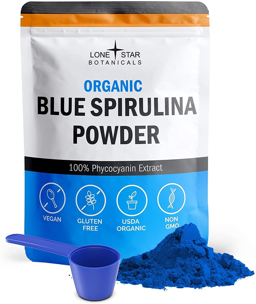 Lone Star Botanicals Organic Blue Spirulina Powder - 100% Pure Blue-Green Algae, No Fishy Smell, Vegan Superfood for Smoothies & Drinks, Non GMO, Gluten-Free, Vegan