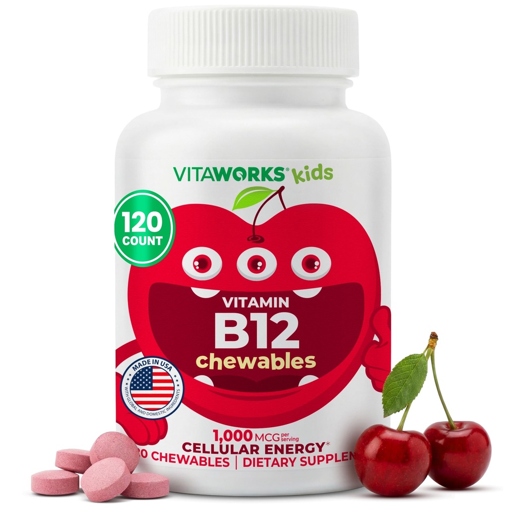 Dzieci Witamina B12 1000 µg Tabletki do żucia - Smaczny naturalny aromat wiśniowy - Wegan, GMO- wolny od glutenu, Bez orzechów - Suplement diety - Witaminy dla dzieci - 120 Chewables