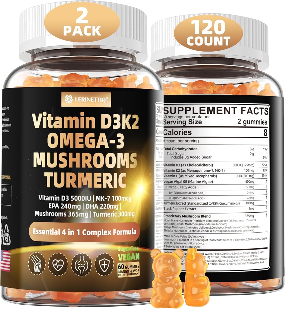 Witamina D3 5000iu (125mcg) + Witamina K2 (MK7) Gummeje z Algae Omega 3 Bilans 124; Maksymalna moc Witamina D3 + K2 Bilans 124; dla kości, zębów, energii, immunologicznego, Wchłanianie wapnia - Wegan, Bez cukru, 120Ct
