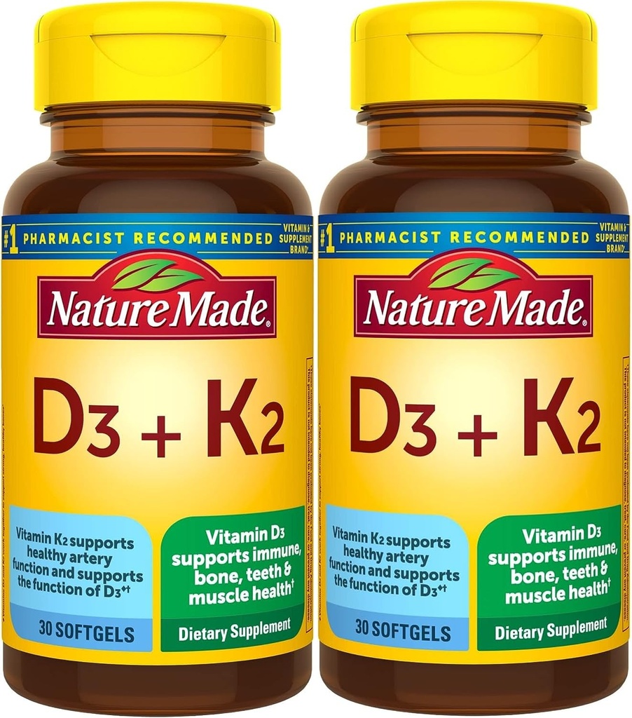 Nature Made Witamina D3 K2, 5000 j.m. (125 μg) Witamina D, Suplement diety dla kości, zębów, mięśni i immunologicznego wsparcia zdrowia, 30 Softgels, 30 Day Supply - Opakowanie 2