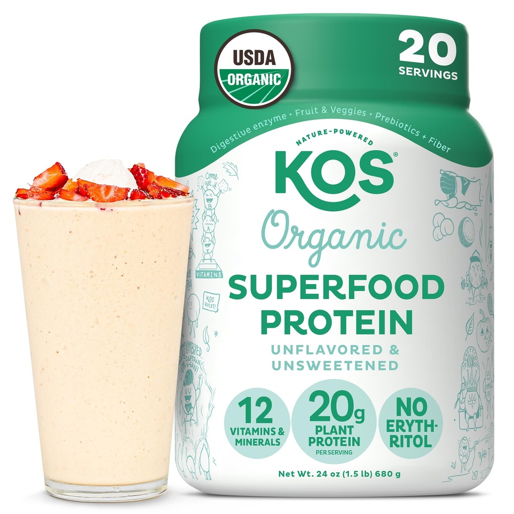 KOS Vegan Protein Powder, Unflavored & Unsweetened - Niskie mieszanka białka Pea Carb, Organic Superfood bogaty w witaminy i minerały - Keto, Soy, Dairy Free - Meal Replacement for Women & Men - 20 Służenie