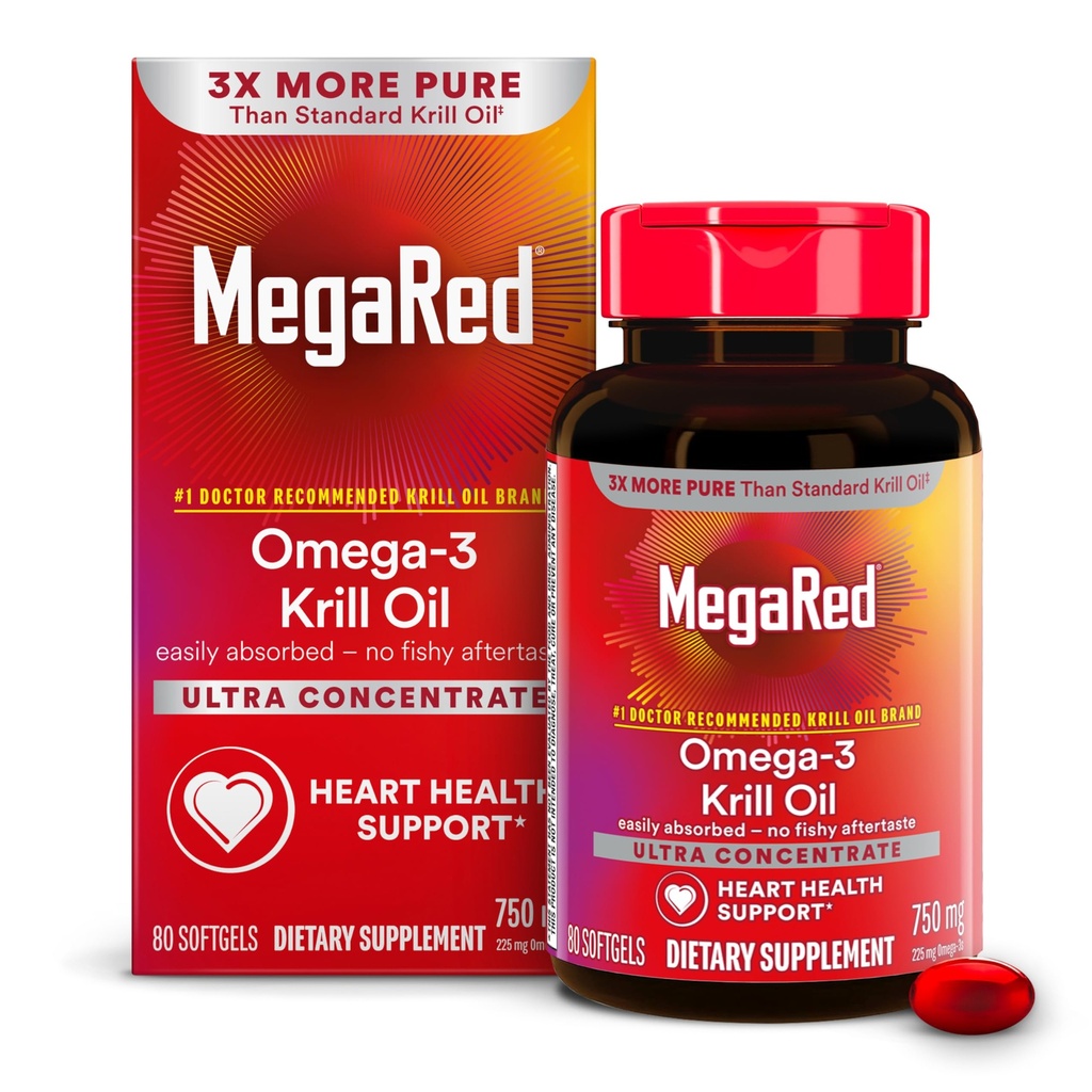 MegaRed Antarctic Krill Oil 750mg, Omega 3 Acid Acid Supplement, Ultra Concentrat EPA & DHA Softgels, Antioksydant Astaxanthina, Heart Health Supplement with No Fish Oil Aftersmast, 80ct