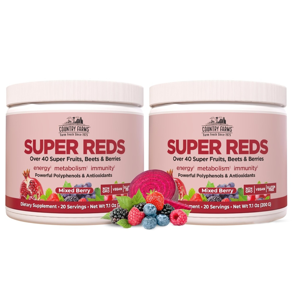 KRAJ HODOWLE Super Czerwone, Energizing Polifenol Superfood, Ponad 40 Super owoców i jagód, Potężne przeciwutleniacze i polifenole, Wspomaga energię, Wspomaga cyrkulacja, 40 Służenie, Mieszane Berry