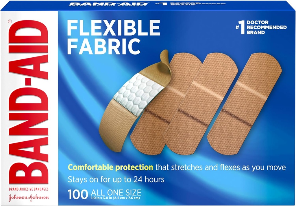 Band- Aid Brand Elastyczne tkaniny sterylne Bandaże adhesive, Wygodne Cushioned opieki nad ranami & Ochrona dla drobnych cięć, Scrapes & Burns, Pierwsza pomoc, Hurt- Free Comfort Pad, jeden rozmiar 1x3 W, 100 Hr