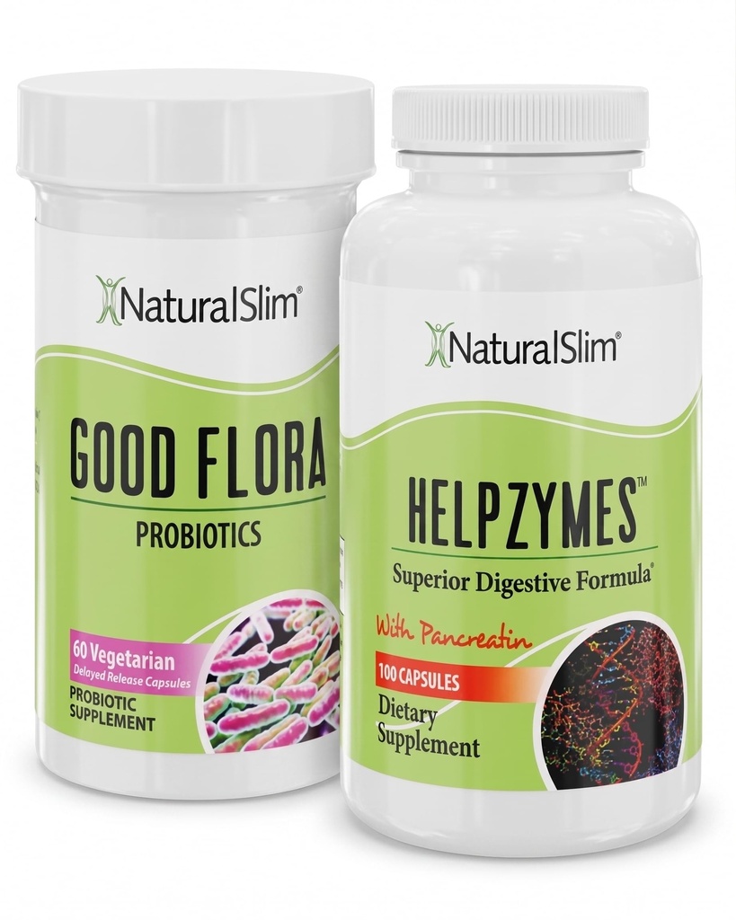 NaturalSlim Digestive Health Bundle - Good Flora & Helpzymes - Pothent Probiotics & Powerful Digestive Enzymes for Better trawienie & Absorption of Food Nutricents Adrenated by Frank Suarez