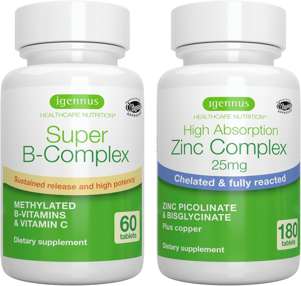 Super B- Complex + Cynk Complex Wegan Bundle, Metylowany Trwały Release B Complex + 25 mg Chelated Pikolinian cynku i Bisglicynian z miedzi, przez Igennus