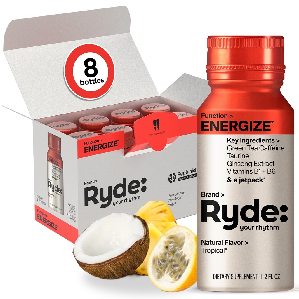Ryde: Energize Shot Xi124; Tropical Flavor Xi124; Green Tea Cafeline, Tauryne, Ginseng Extract & B Vitamin Xi124; 0 Calories, 0 Sugar Xivy124; 2 FL OZ Shots Xivy124; Bousts energy * (8 Pack)