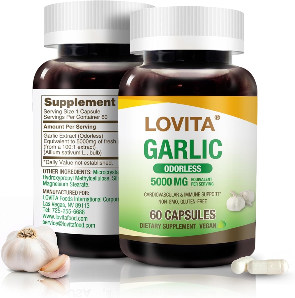 Kapsułki czosnkowe Lovita Odorless, ekwiwalent 500 mg świeżego czosnku, 1,25% ekstrakt z allicyny, Podtrzymuje serce, ciśnienie krwi, Cholesterol i system immunologiczny, Non-GMO, Gluten- Free, 60 Kapsułki wegańskie