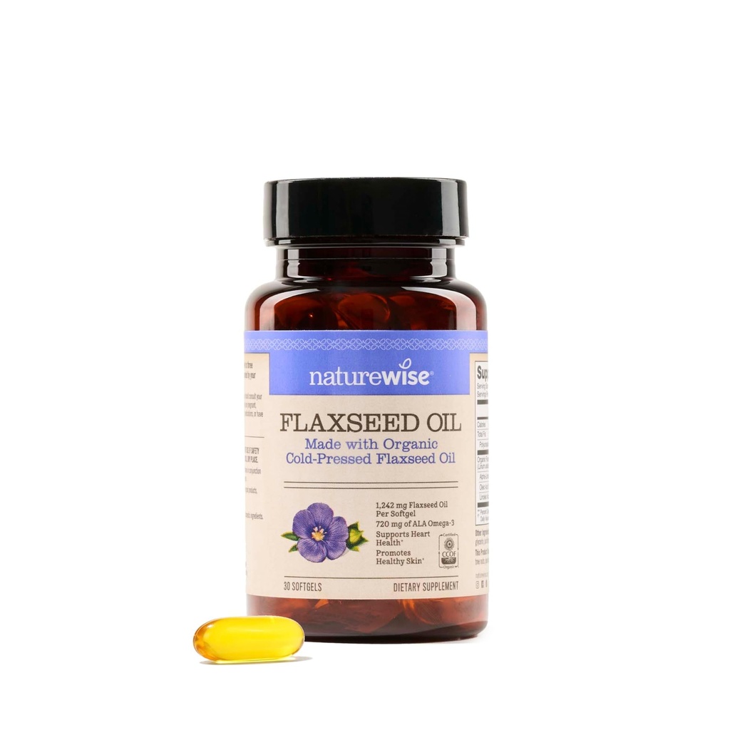 NatureWise Flaxseed Oil 1200 mg, Fish Free Omega 3 6 9 z 720mg ALA, Suplement diety dla wsparcia zdrowia serca - Organic, Cold Pressed, Non-GMO - 30 Softgels [1- Month Supply]