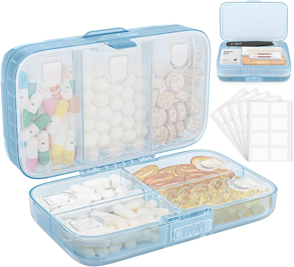 FYT Cotygodniowy Pill Organizator z etykiet, 8 Komory Podróże Codzienne Pill Case Airtight Moistureproof Big Pill Box trzymać witaminy, Olej rybny, Suplementy, Bawełna Swab i Bandages- Blue