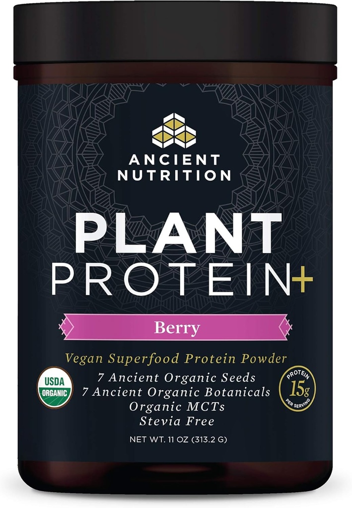 Ancient Nutrition Plant Based Protein Powder, Protein roślin +, Berry, Organic Vegan Suplement Superfoods, 15 g Białko na serwowanie, Wielki do shake protein, Gluten Free, Paleo Friendly 12 Sługi