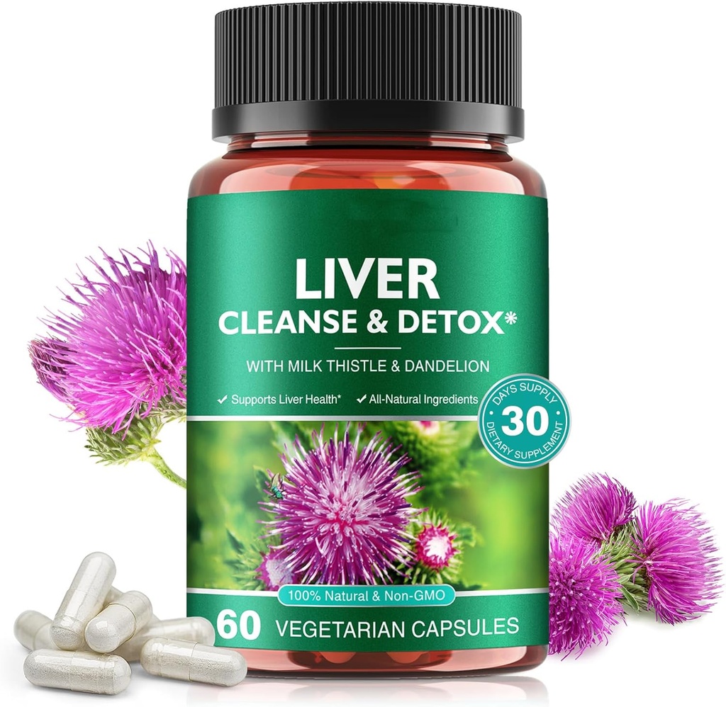 Liver Cleanse & Detox Pills for Liver Health Repair - with Milk Tistle Extract, Dandelion Root, Ginger, Buraki w proszku i witamin - Naturalne wsparcie wątroby, 60 Kapsułki Wegan