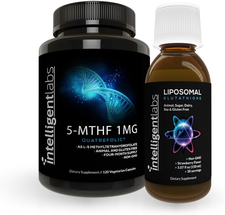 Intelligent Labs 2- in-1 Bundle of 500MG Liposomal Glutathion (Liquid Antioksydant Supplement) and 1MG 5- MTHF Methylfolate as Quatrefoll Acid ® (MTHFR Supplement for Methylation Support)