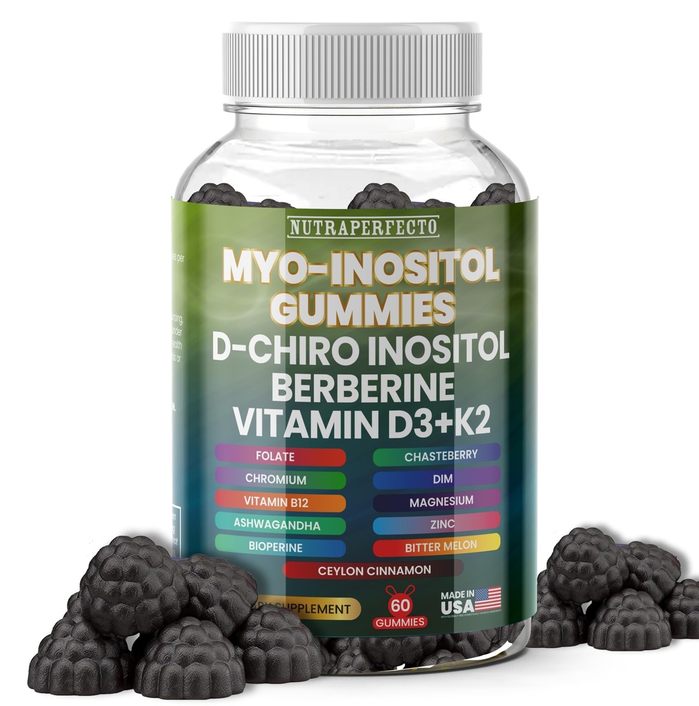 Bezcukrowy Myo- Inositol & D- Chiro Inositol Gummies dla kobiet, Berberyna Witamina D3 K2 DIM Magnezu Glicynian Suplement L- Metylfolatu dla kobiet, płodność, Równowaga hormonalna, PMS, Zdrowie jajników