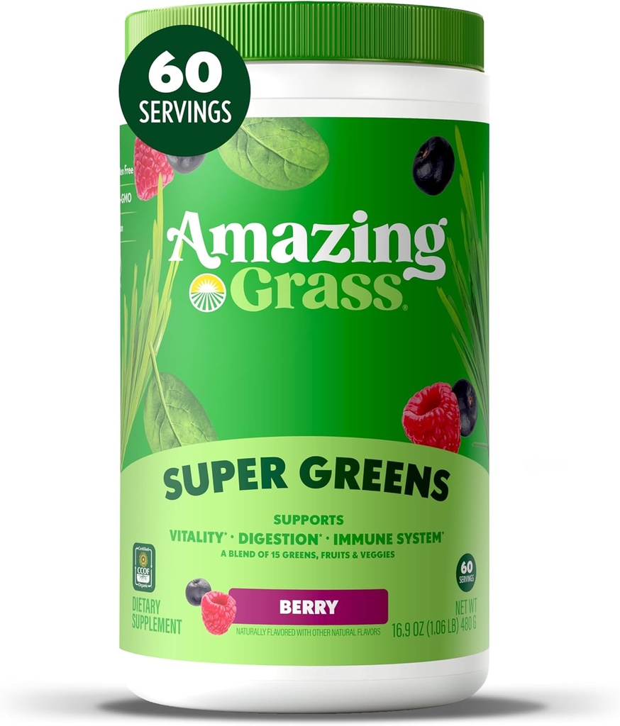 Amazing zieleń trawa miesza Superfood: Super Zielony proszek Smoothie z Spirulina, Chlorella, Burak Root Powder, Enzymy i Probiotyki, Berry, 60 Słupki (Packaging May Vary)