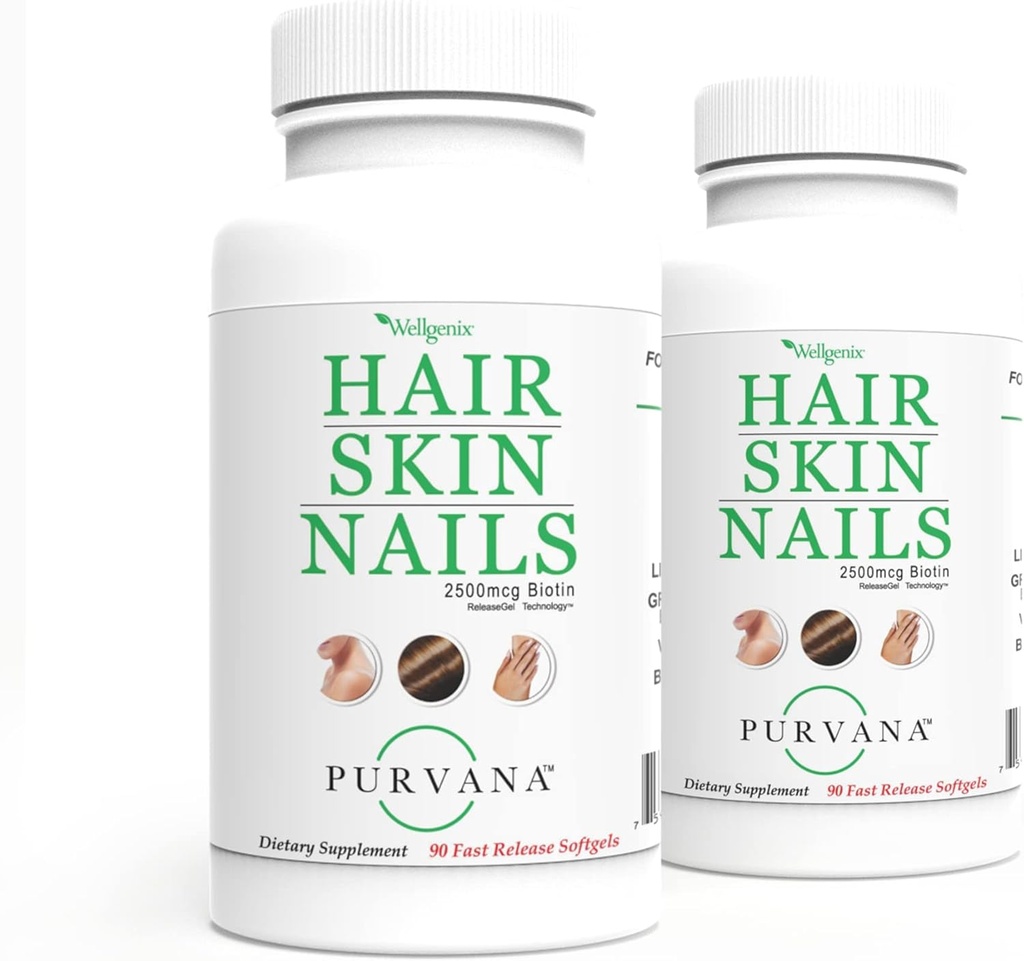Wellgenix Purvana Włosy, Skóra i Nails Witamina Softgels do Wysokiej Wchłaniania - Podwójna siła 2500mcg Biotin, VIT A & B (90 Count) 2 Pack
