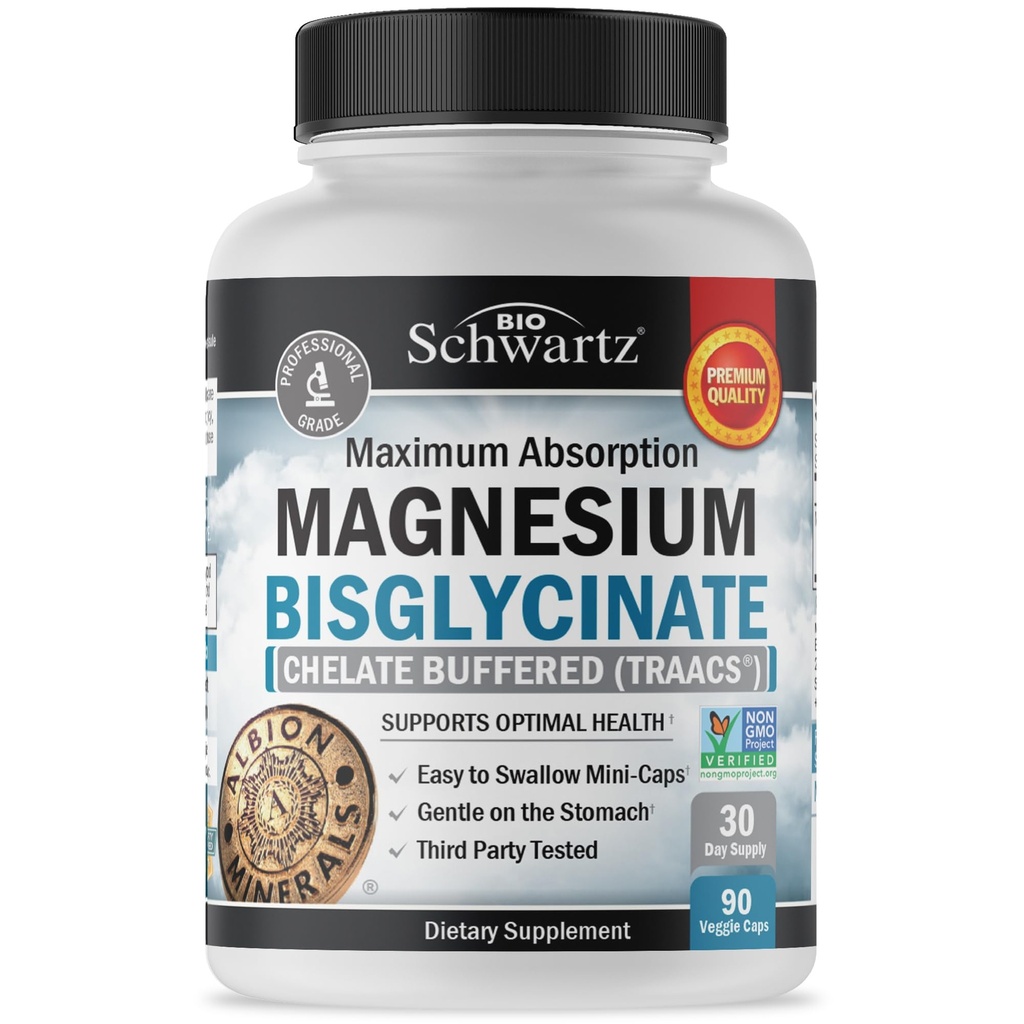 Magnezu Bisglicinate 100% Chelate No- Laxative Effect - Maximum Absorption & Biodostępność, Pełna odpowiedź i buforowane - Zdrowa energia Mięśnie kości & Wspólne wsparcie - NieGMO Projekt zweryfikowany - 90