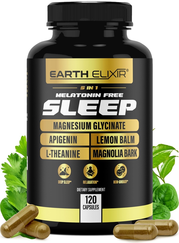 Eliksir ziemski 4- in-1 Pomoc na sen (120 Czapki) w / Apigenin 50mg, Glycinat magnezu 200mg, L Theanine 200mg & Valerian Root for Sleep Aid 300mg XI124; Suplement Apigeniny do Sleep XI124; Pigułki senne